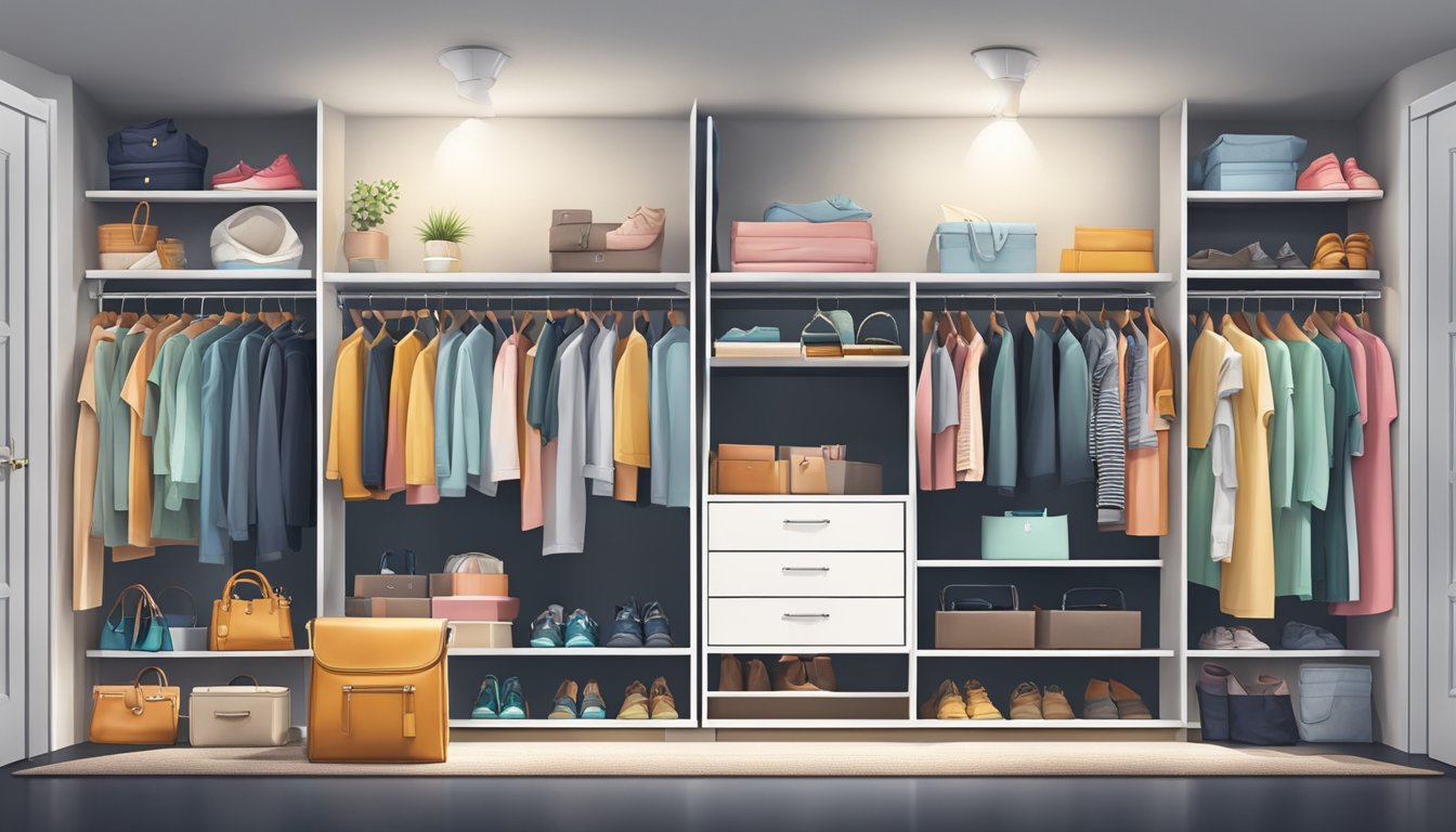 A closet bursting with organized clothes, shoes, and accessories. Shelves and drawers neatly packed, with space-saving solutions. Bright lighting highlights the functionality