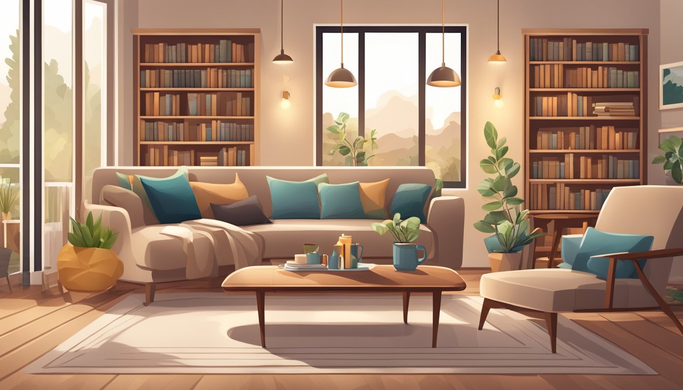 A cozy living room with a comfortable sofa, a coffee table, and soft lighting. A bookshelf filled with books and decorative items. A small dining area with a table and chairs