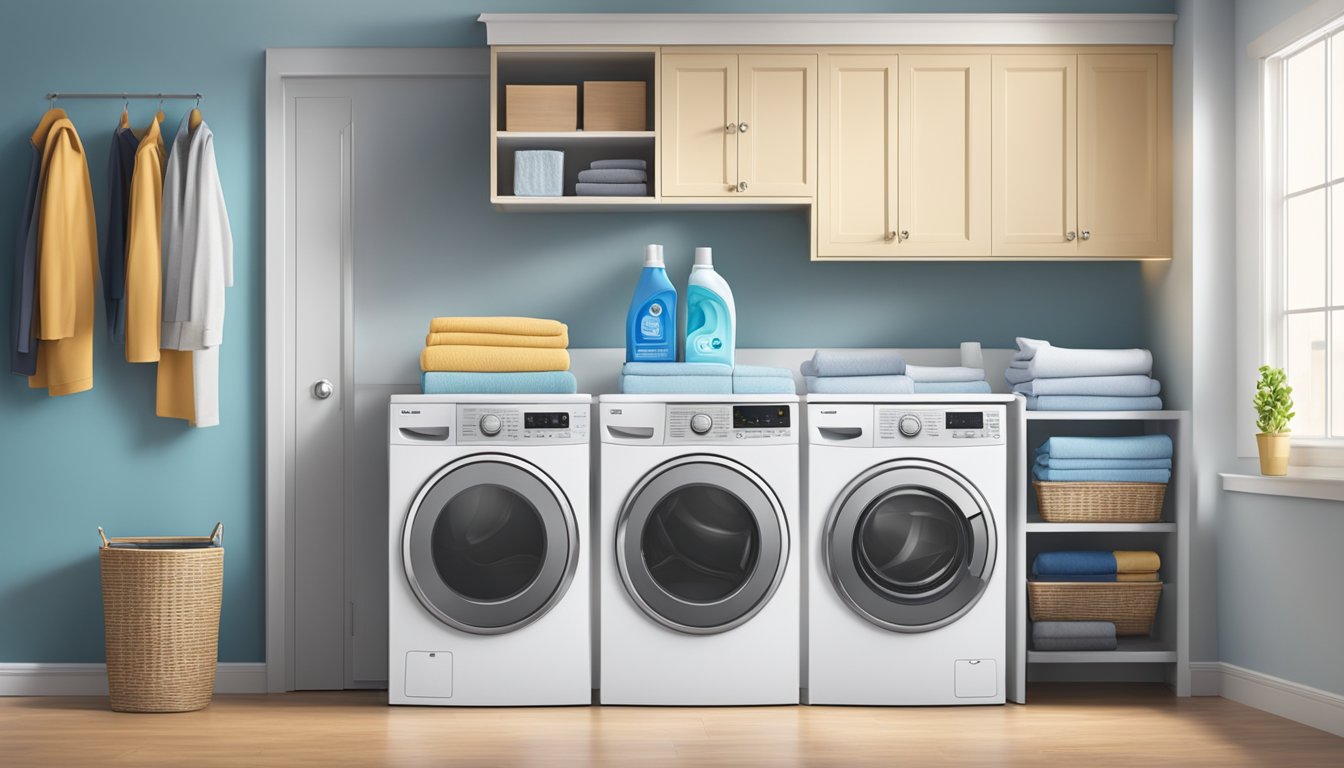 A front load washer and a top load washer side by side, with laundry detergent and clothes nearby