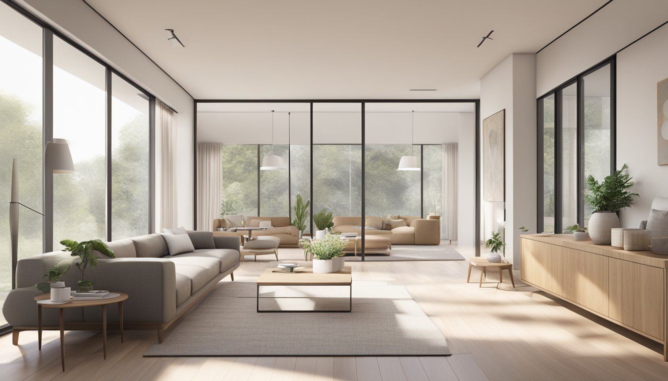 A sleek, minimalist living room with clean lines, neutral colors, and natural materials. A large window lets in plenty of natural light, and there are simple, functional furnishings throughout the space