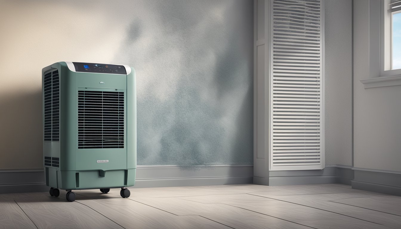 A dehumidifier sits in a damp room with visible mould growth on the walls and ceiling