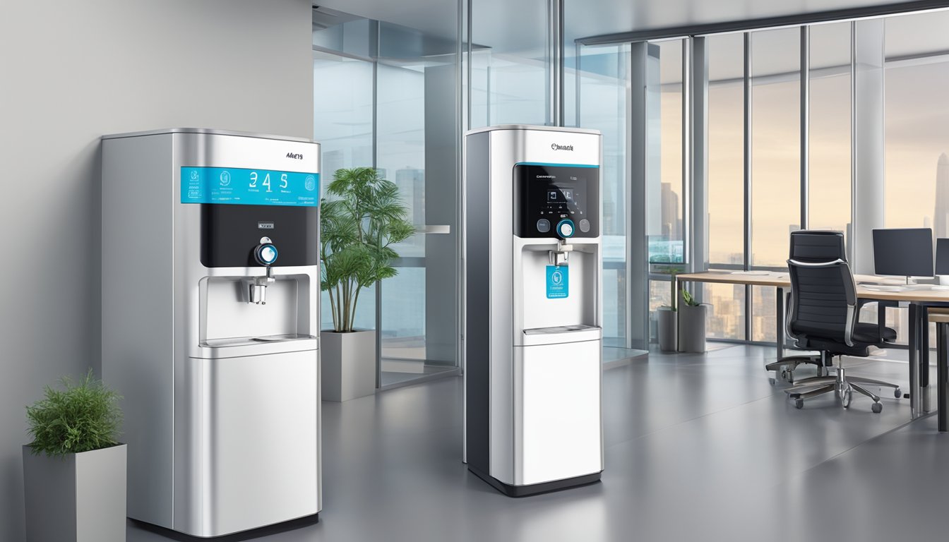 A sleek, modern water dispenser in a Singapore office, with a digital display and a price tag prominently displayed