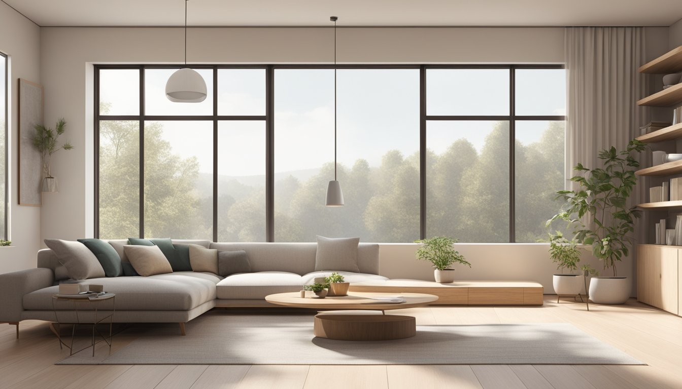 A minimalist living room with clean lines, natural materials, and neutral colors. A large window lets in natural light, and simple furniture creates a sense of calm and harmony