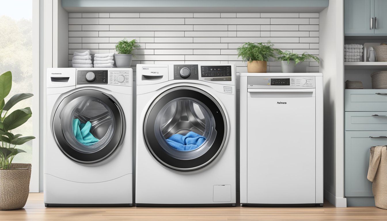 A front load washer and a top load washer side by side, with a list of costs and benefits floating above each one