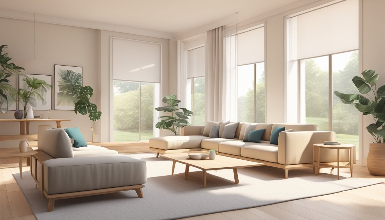 A minimalist living room with light wood furniture, clean lines, and a neutral color palette. Large windows allow natural light to fill the space, creating a serene and inviting atmosphere