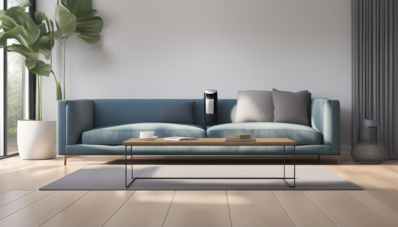 A dehumidifier sits in a modern living room, quietly removing moisture from the air. The device is sleek and compact, with a digital display showing the current humidity level