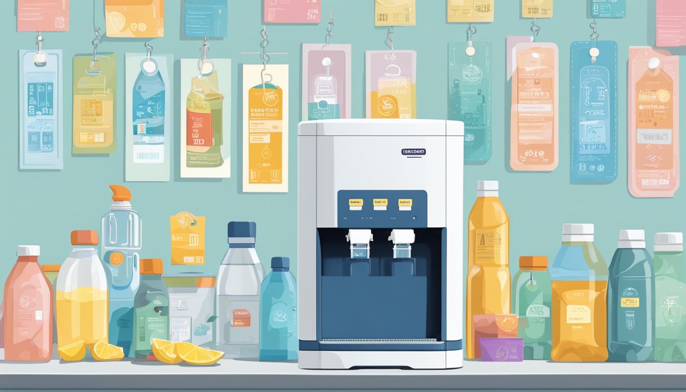 A water dispenser sits on a kitchen countertop, surrounded by various price tags and labels indicating its value in Singapore