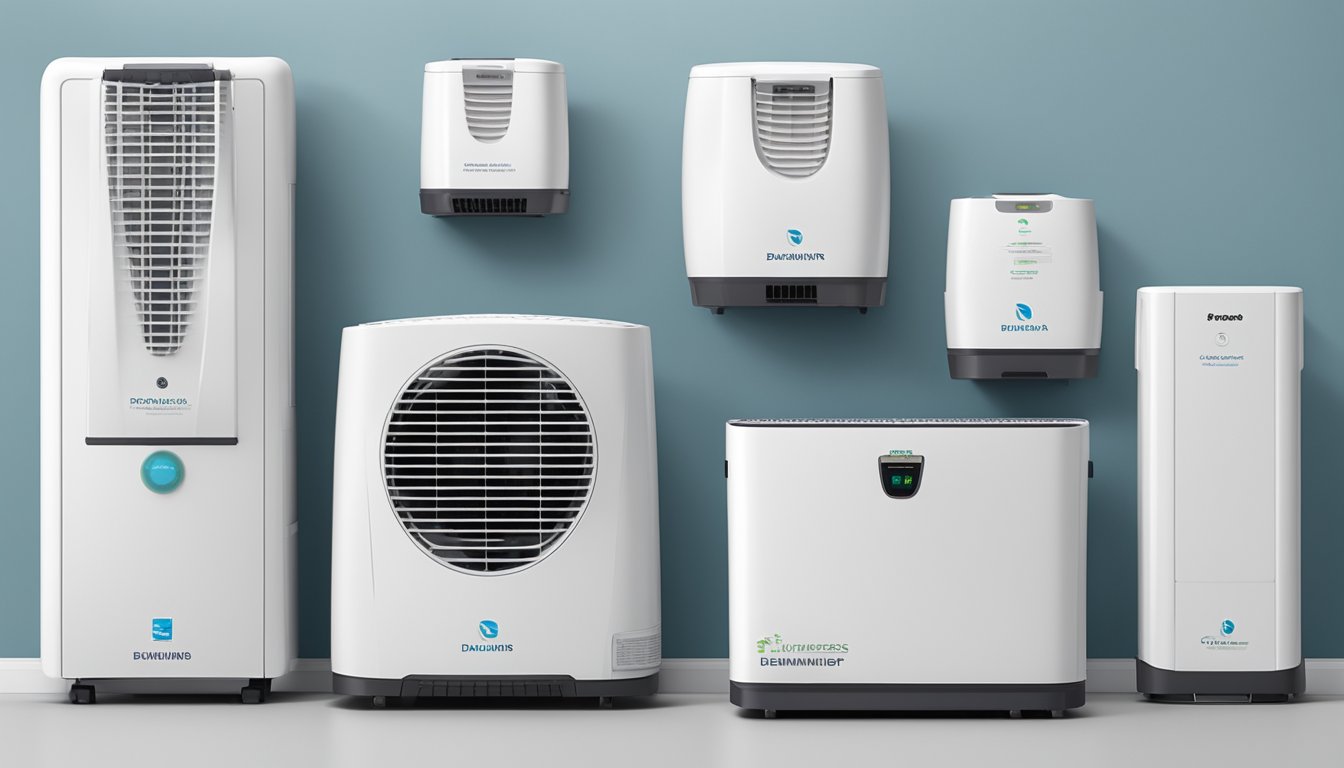 A row of top dehumidifiers lined up against a white backdrop, with their brand names and features prominently displayed