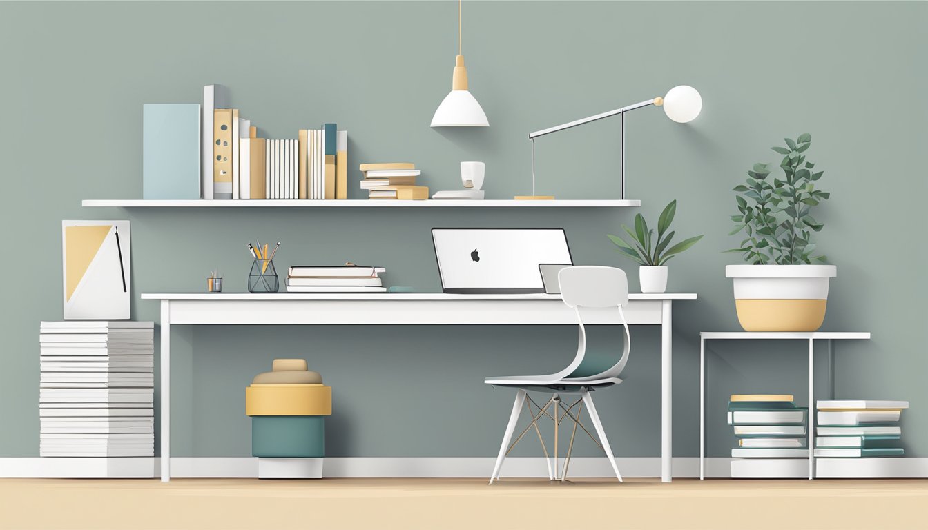 A clean, minimalist desk with a laptop and Scandinavian design elements