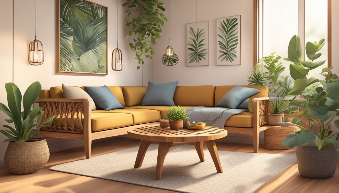 A teak wood sofa with cushions, placed in a cozy living room setting, surrounded by potted plants and warm lighting