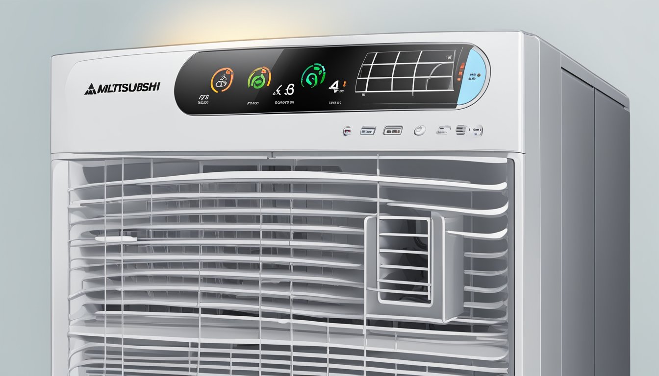The aircon mode symbols on a Mitsubishi unit are illuminated, showing options for cooling, heating, and fan settings