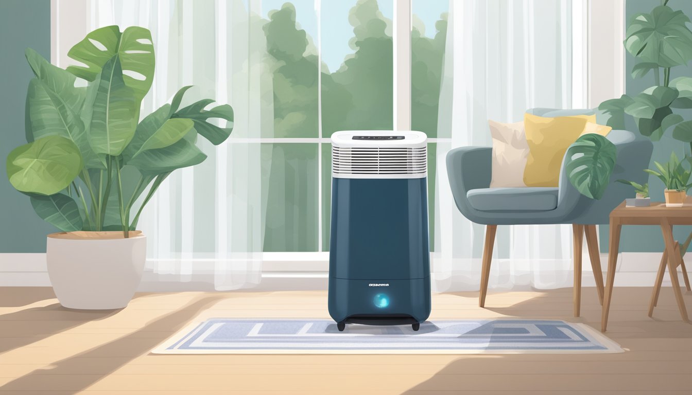 A living room with a medium-sized dehumidifier placed near a window, surrounded by potted plants. The dehumidifier is turned on and the room feels comfortably dry