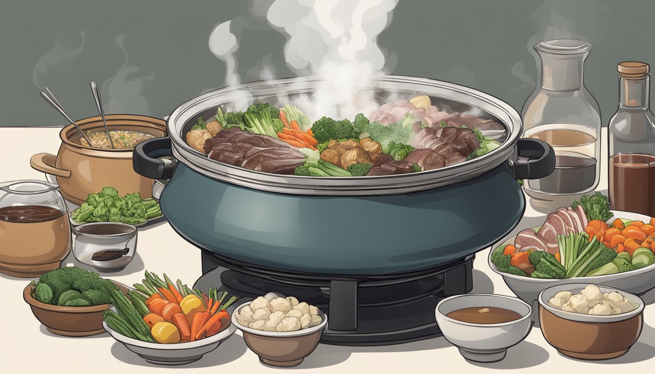 A bubbling pot of Toyomi steamboat sits on a table, surrounded by plates of fresh vegetables, meats, and dipping sauces. Steam rises from the pot, filling the air with a savory aroma