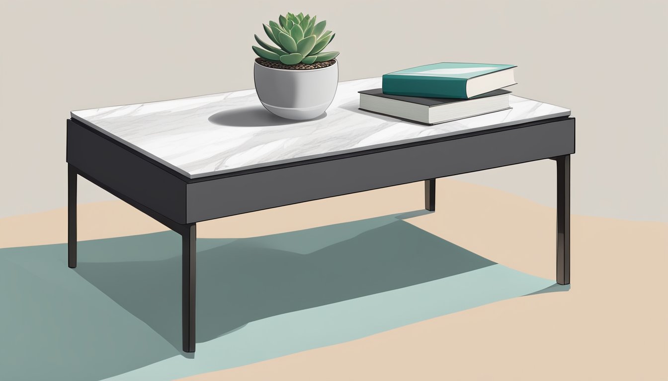 A modern, minimalist coffee table with clean lines and a sleek, marble top. A stack of art books and a small succulent plant sit neatly on the surface