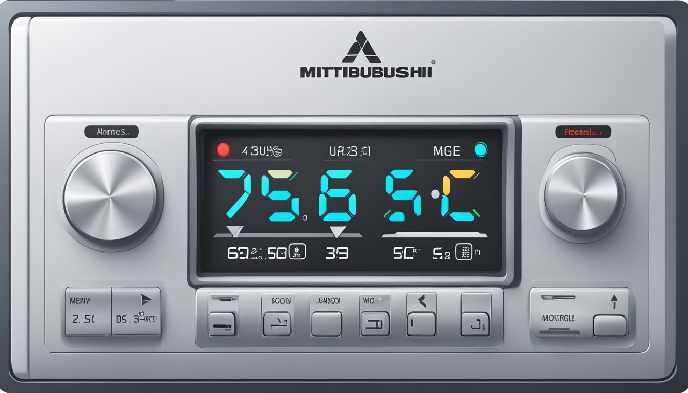 The Mitsubishi aircon mode symbols are displayed on the control panel, with clear labels for each mode such as cooling, heating, fan, and dehumidifying