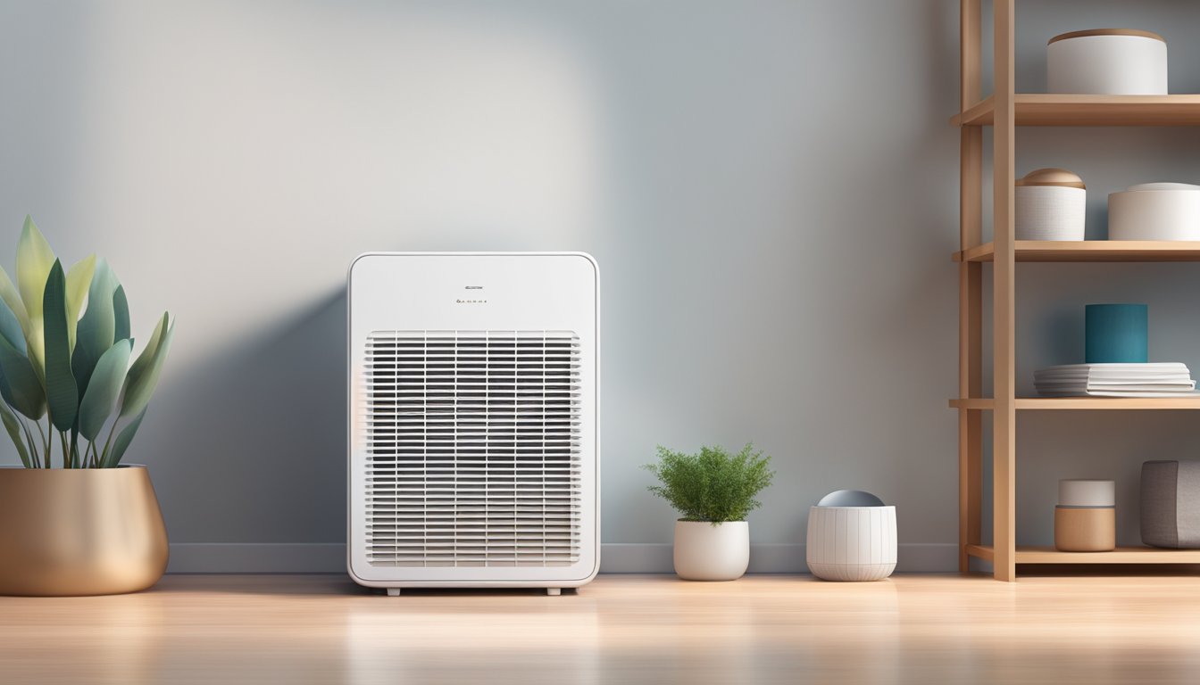 A dehumidifier sitting on a sleek, modern shelf with a backdrop of a clean and organized room