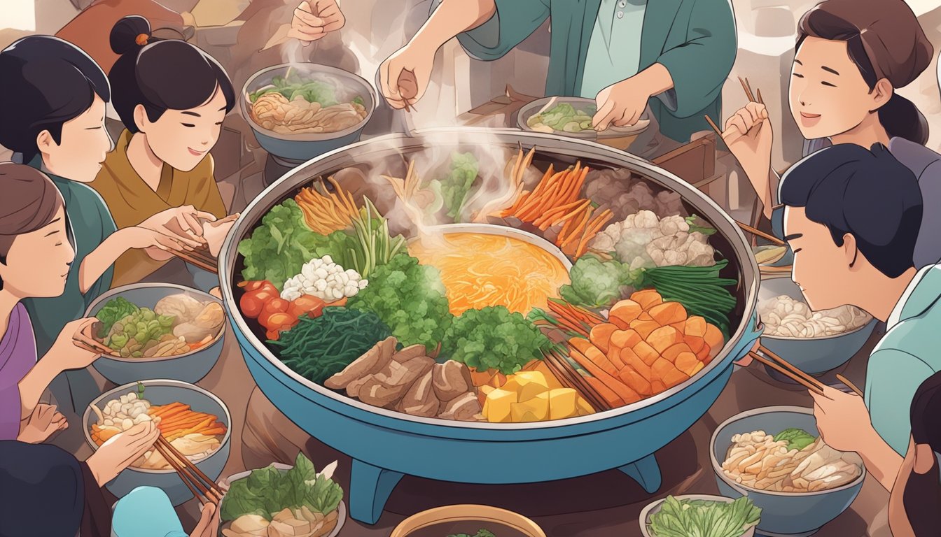 A steaming hot pot filled with various ingredients, surrounded by a group of people eagerly reaching for food with chopsticks