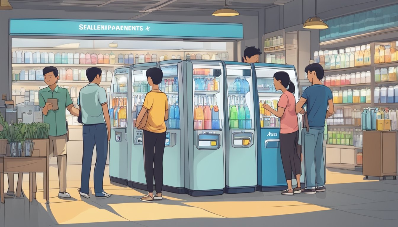 A water dispenser with price tags, surrounded by curious customers and a salesperson in a bustling Singaporean store