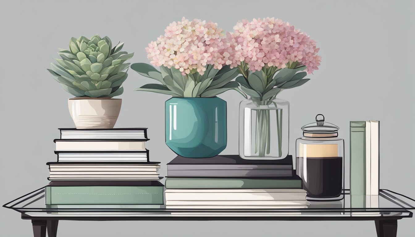 A modern glass coffee table with a stack of art books, a small succulent plant, and a decorative tray with a scented candle and a vase of fresh flowers