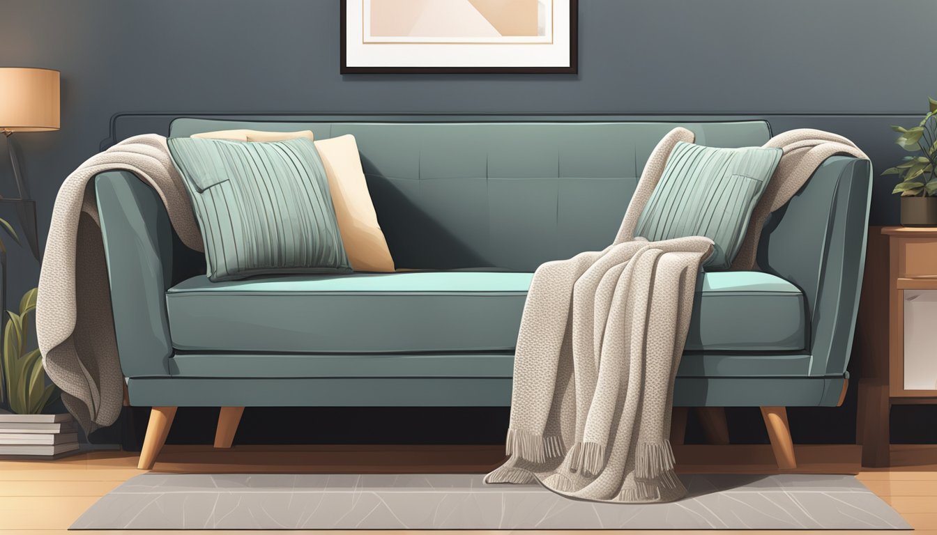 A one-seater sofa sits in a well-lit room, with a cozy throw blanket draped over the armrest