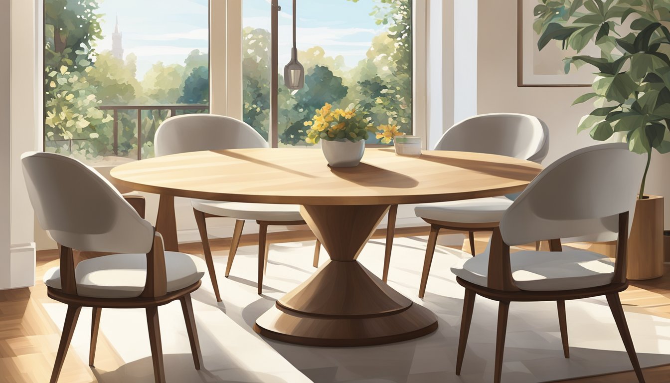 A round wood dining table sits in a sunlit room, surrounded by four chairs