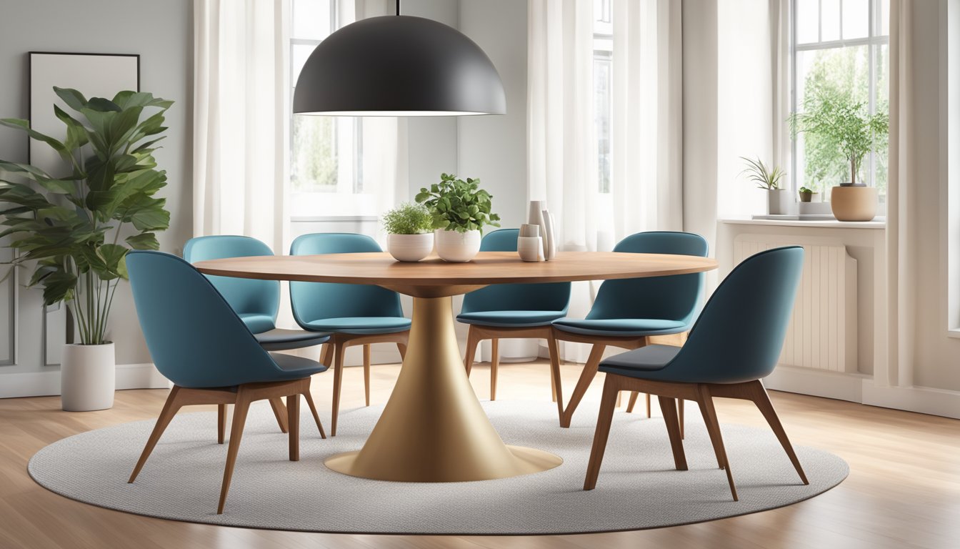 A round wood dining table, with sleek, minimalist design and modern style, surrounded by matching chairs in a well-lit, spacious room