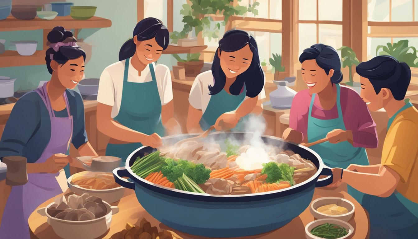 A group of friends gather around a bubbling pot of steamboat, eagerly cooking and sharing ingredients in a lively and engaging atmosphere