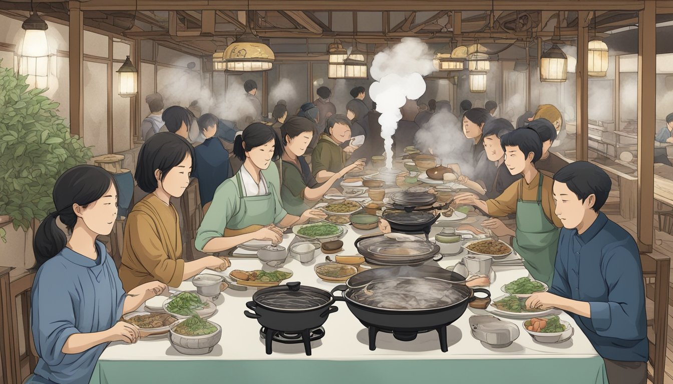 A table set with steaming pots, surrounded by eager diners, with a sign reading "Frequently Asked Questions toyomi steamboat."