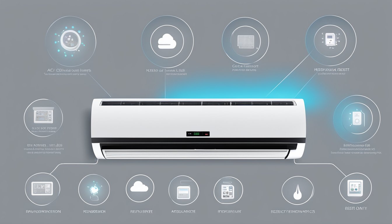 The Mitsubishi AC unit displays various modes on the digital screen, including cooling, heating, dehumidifying, and fan-only options