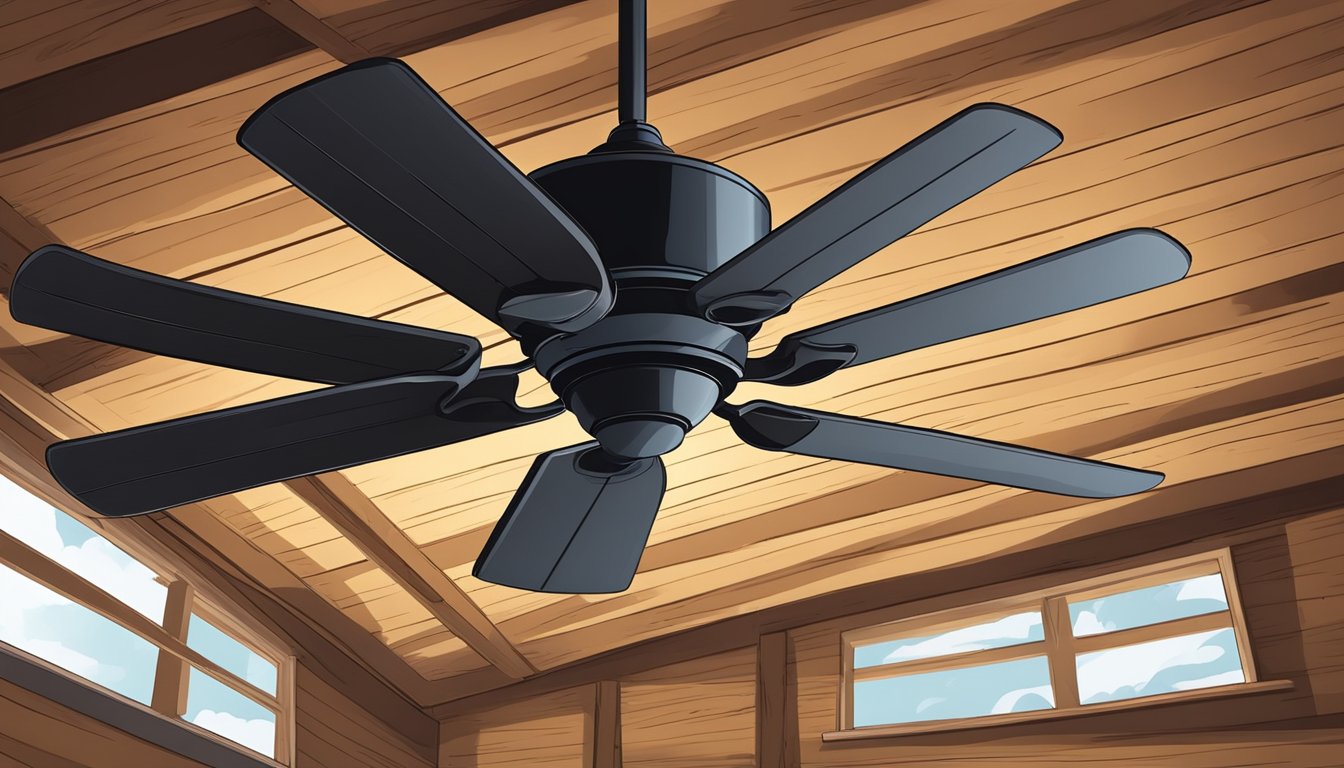 A wooden ceiling fan spins slowly, casting shadows on the rustic, slanted ceiling