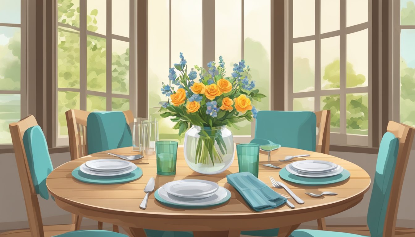 A round wood dining table with four chairs, set with placemats, cutlery, and glasses. A vase of fresh flowers sits in the center