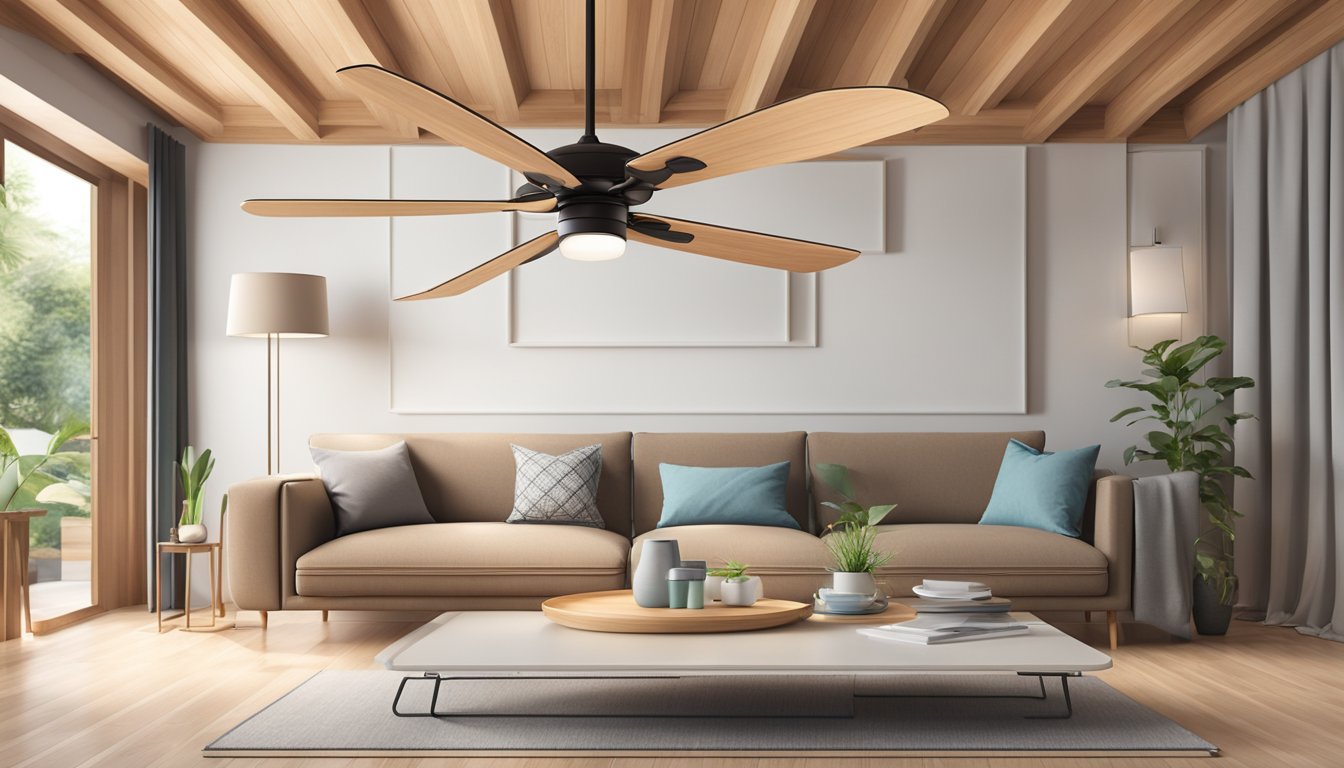 A wooden ceiling fan spins above a cozy living room, with four wide blades and a sleek, minimalist design