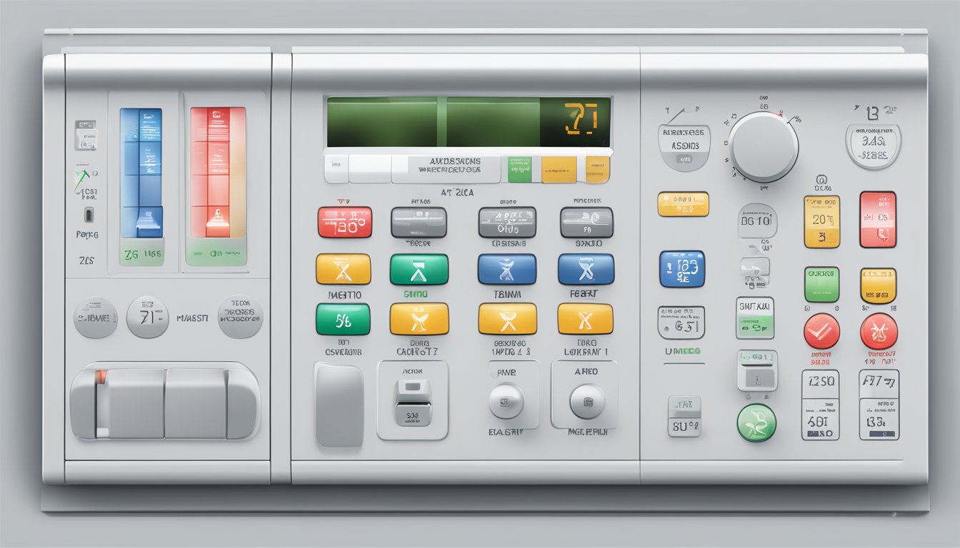 A wall-mounted Mitsubishi air conditioning unit with various mode symbols displayed on the control panel