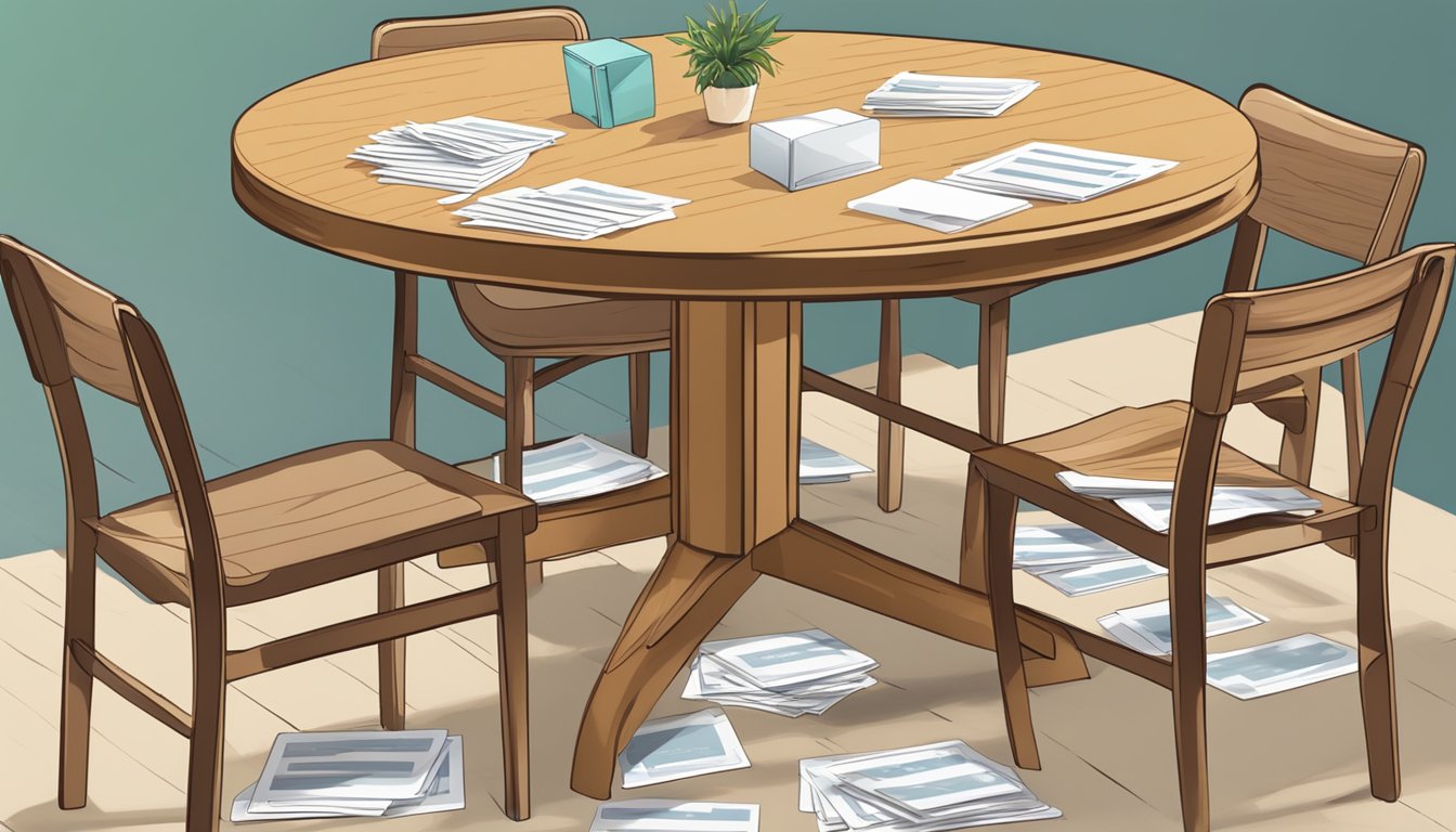 A round wood dining table surrounded by chairs, with a stack of FAQ cards and a pen on the table's surface