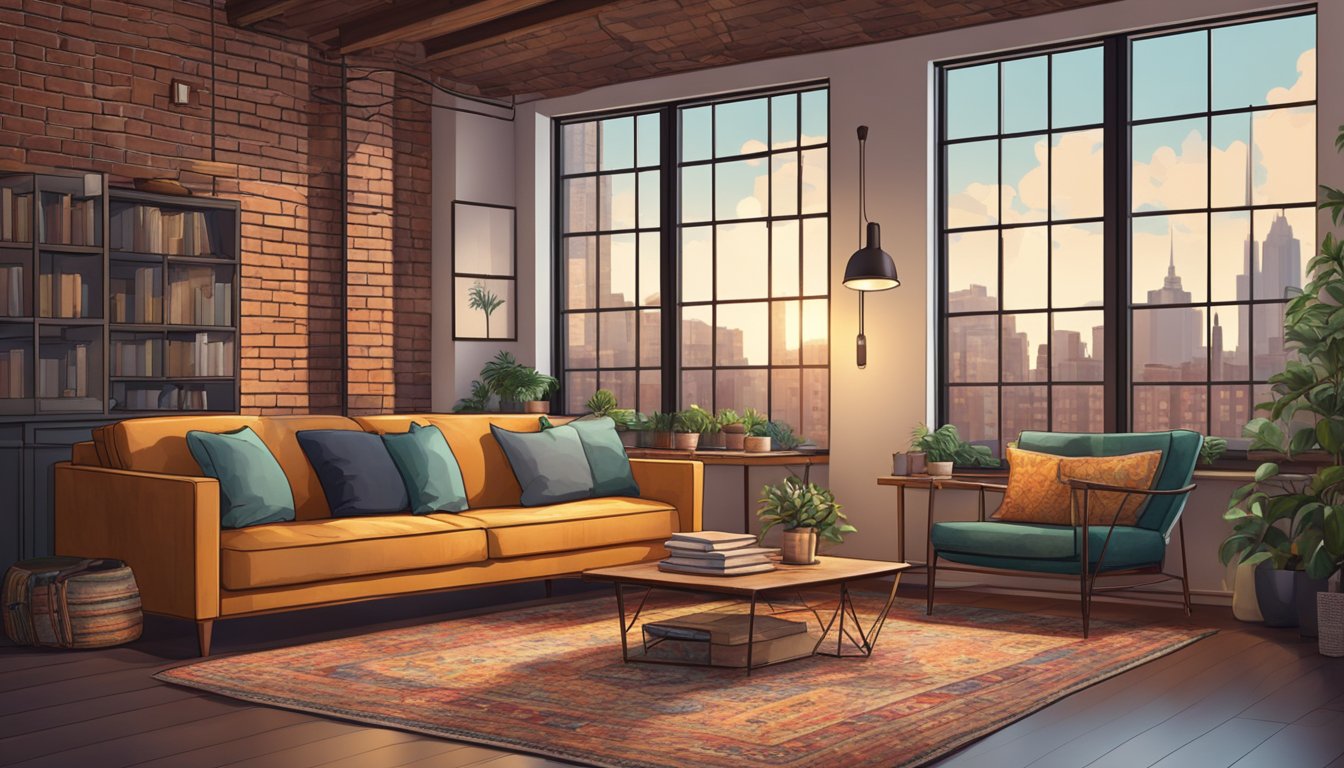 A cozy loft interior with exposed brick walls, a large window with city views, a comfortable sofa, and a vintage rug