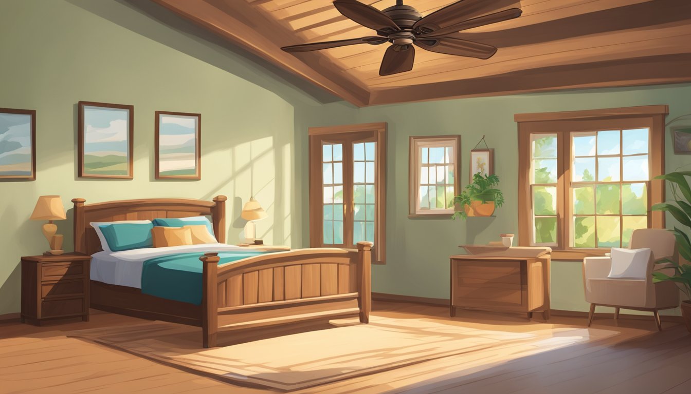 A wooden ceiling fan spins quietly in a cozy room, casting gentle shadows on the walls