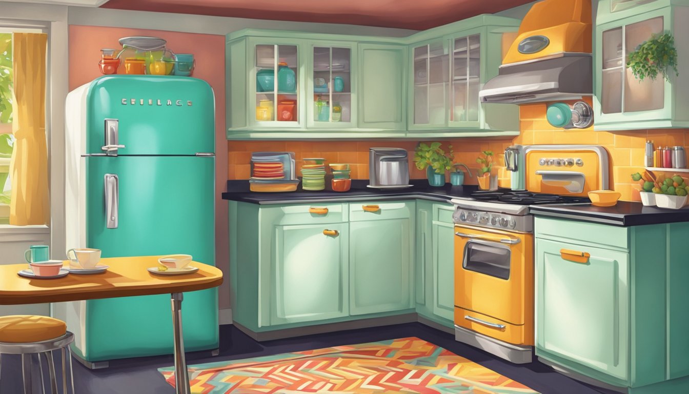 A retro fridge stands in a cozy kitchen, adorned with colorful magnets and a chrome handle. The vibrant colors and sleek design evoke a sense of nostalgia