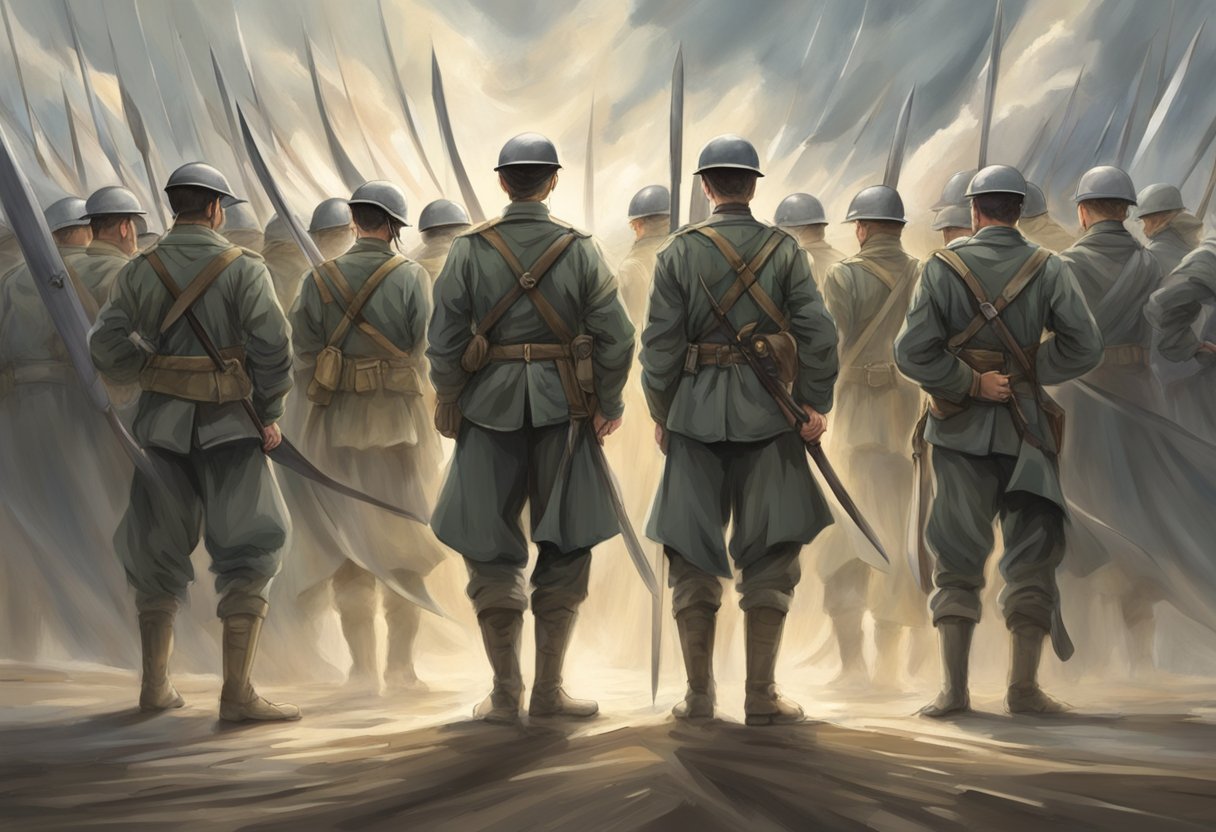 Soldiers standing tall, surrounded by swirling winds, lifting their swords in prayer against the turbulent forces of ups and downs