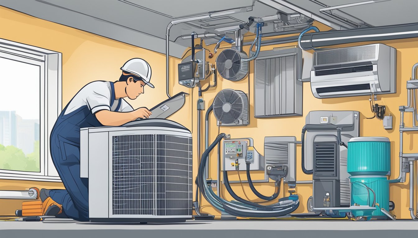 A technician installs an air conditioning unit, surrounded by tools and equipment, with a price list displayed nearby