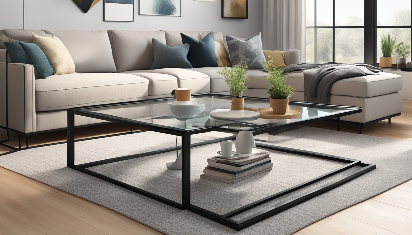 A glass-topped nesting coffee table with a black metal frame sits in a modern living room, surrounded by a plush sofa and a cozy rug