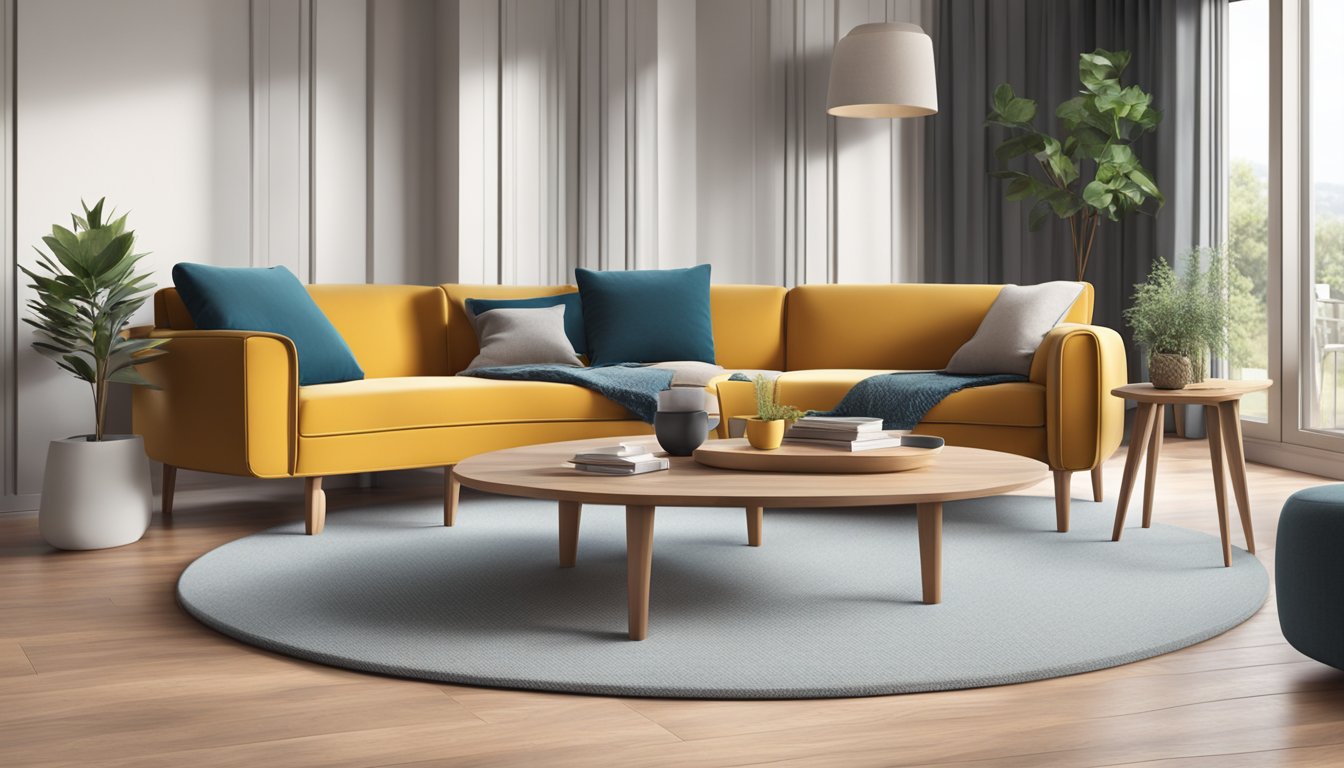 Two nesting coffee tables with rounded edges and wooden finish, placed in a modern living room with a plush rug and a cozy armchair