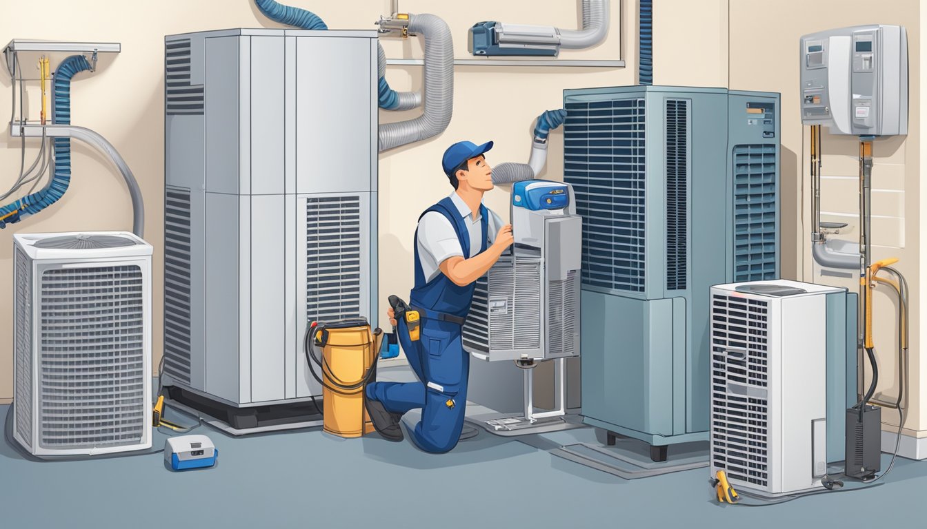 A technician installs an air conditioning unit in a room, surrounded by tools and equipment. A price list for installation services is visible nearby