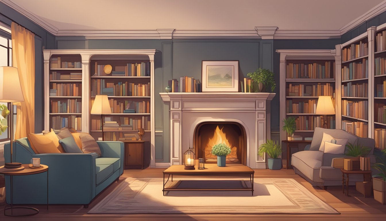 A cozy living room with a large, comfortable sofa, a warm fireplace, and soft ambient lighting. A bookshelf filled with books and decorative items adds character to the space