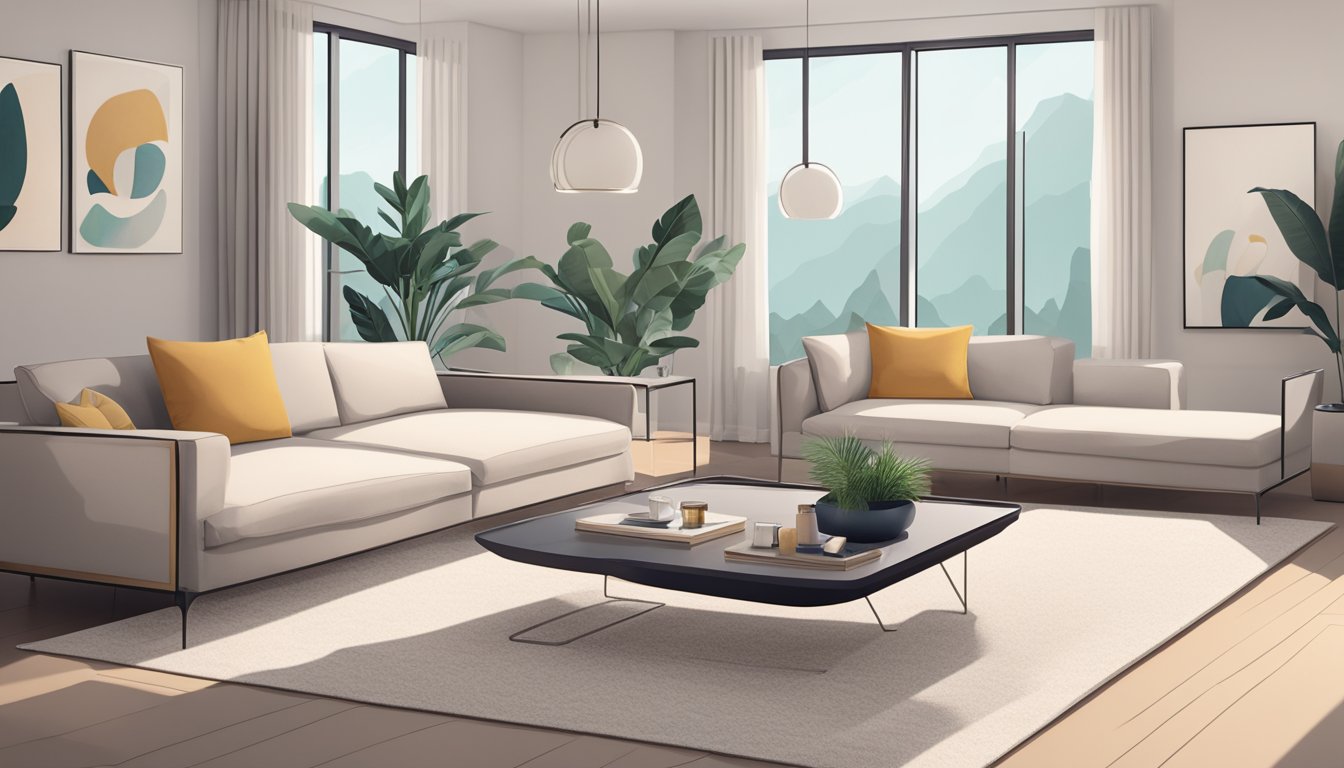 A living room with a modern sofa and a cozy rug. A set of nesting coffee tables in various sizes, with sleek lines and a minimalist design, sits in the center, adding functionality and style to the space