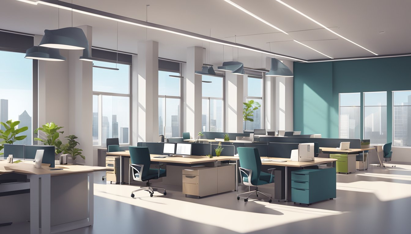 A modern office interior with sleek furniture, large windows, and a minimalist color scheme. The space is well-lit and organized, with a mix of open work areas and private meeting rooms