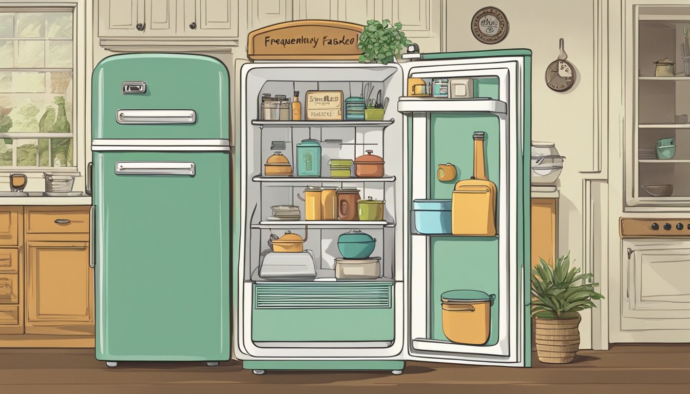 A retro fridge with "Frequently Asked Questions" written on its door, surrounded by vintage kitchen items