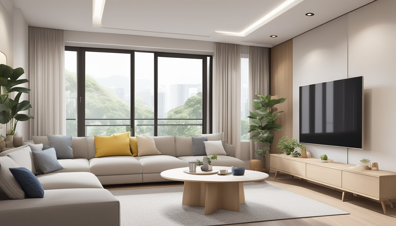 A spacious 5-room HDB flat with modern, minimalist design. Clean lines, neutral colors, and natural light create a serene and inviting atmosphere