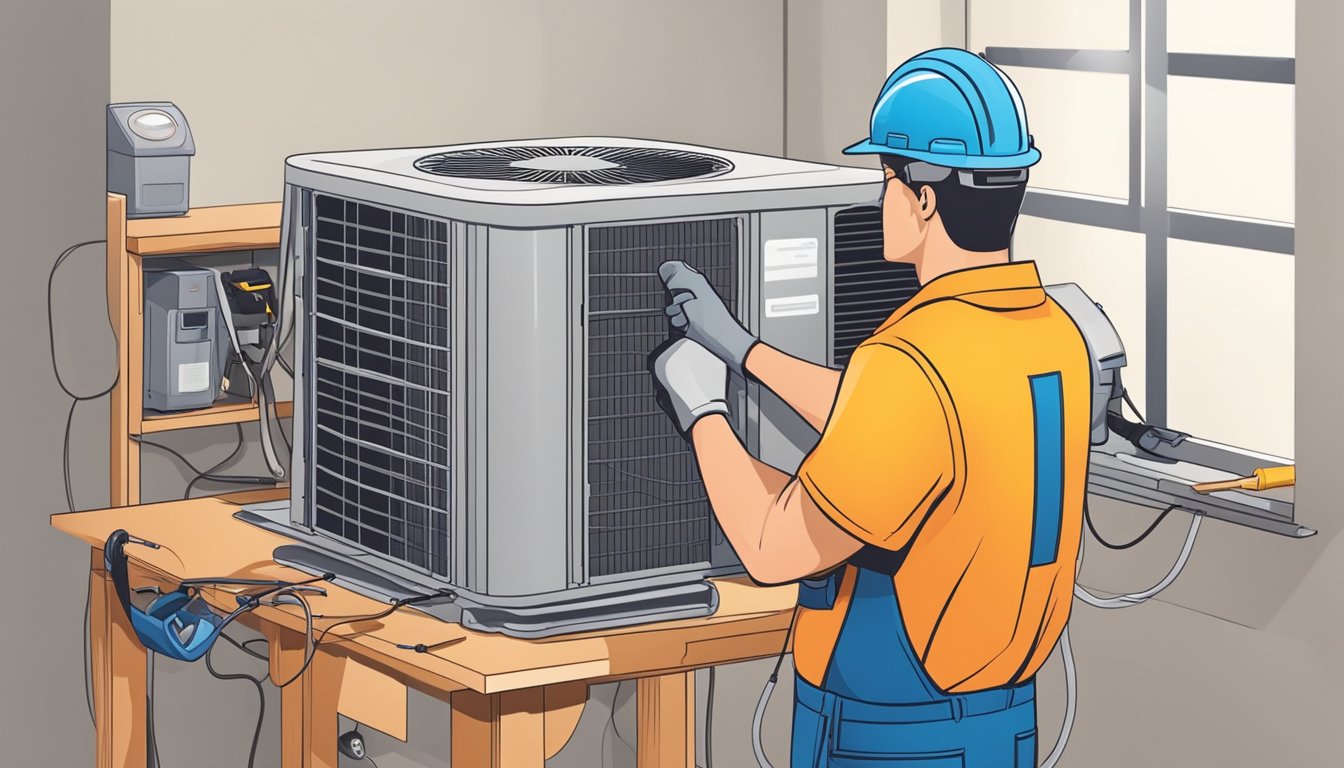 A technician carefully installs an air conditioning unit, surrounded by tools and equipment, ensuring a proper and efficient setup