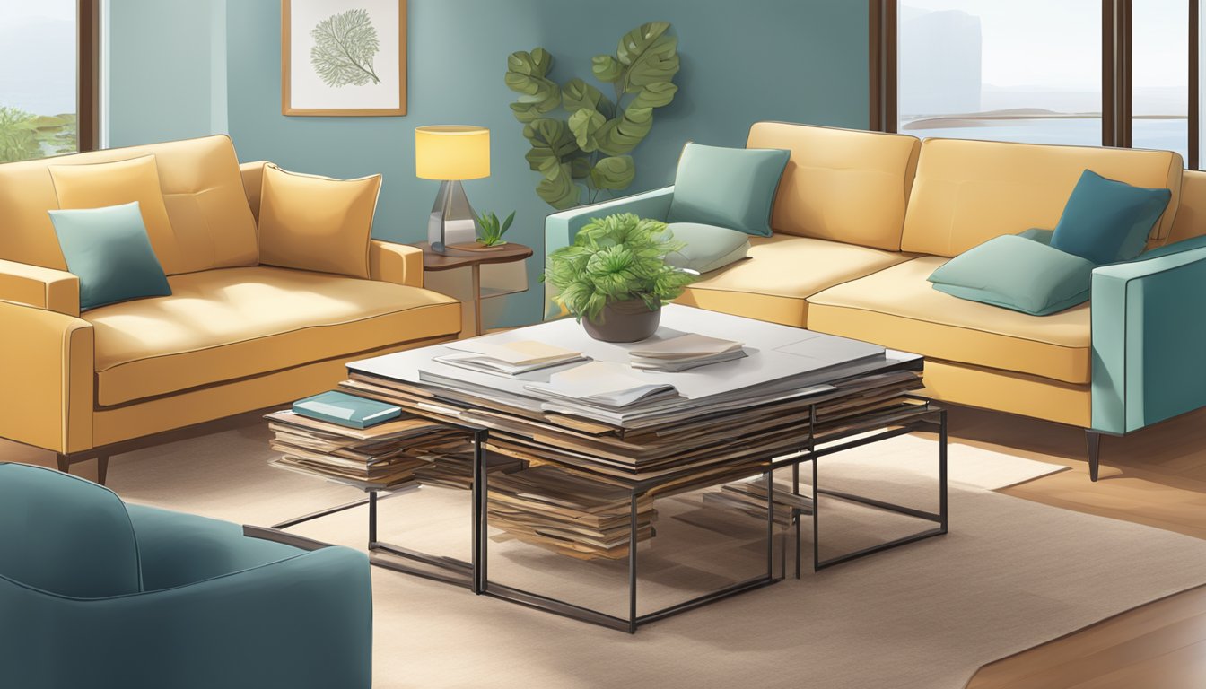 A nesting coffee table with stacked layers, displaying frequently asked questions on its surface