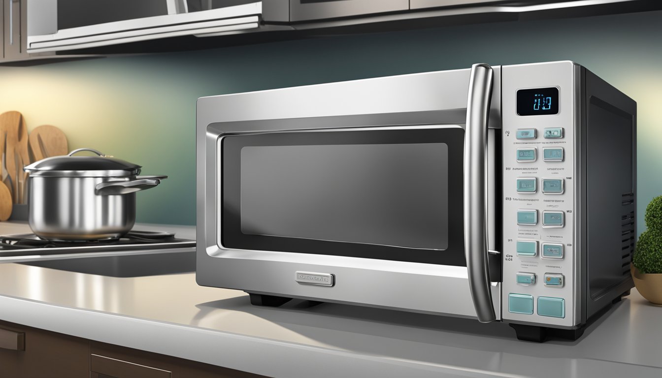 A sleek, stainless steel microwave sits on a clean countertop, its digital display glowing with the time. Steam rises from a covered dish inside, indicating a delicious meal in the making